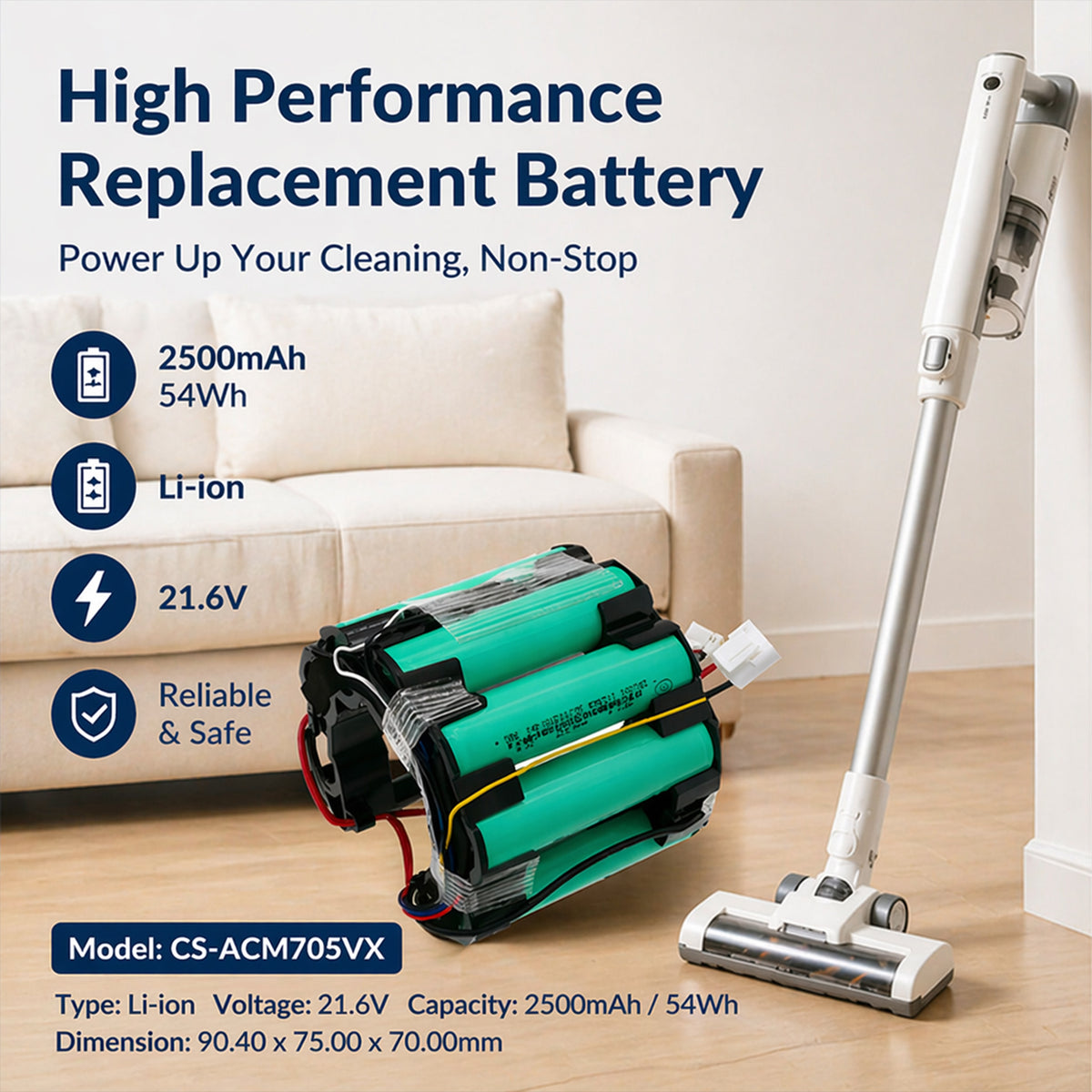 Replacement Battery for Eureka | AMICA | Qilive NEC101 – Vacuum – 2500mAh / 21.6V