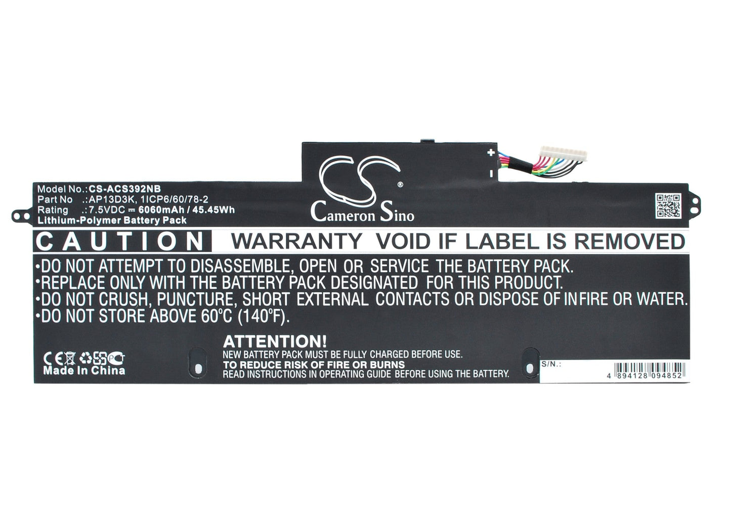 Replacement Battery for Acer  Aspire S3 – Notebook, Laptop – 6060mAh / 45.45Wh / 7.5V