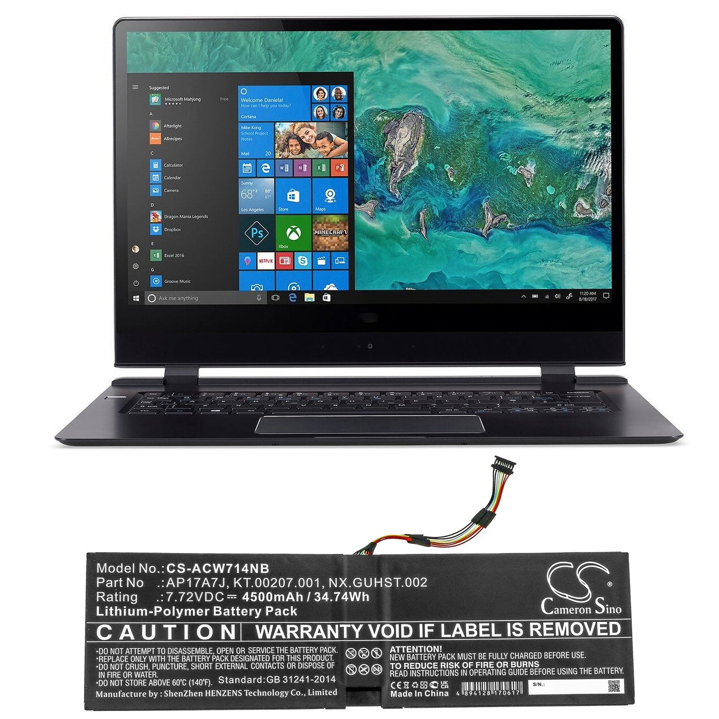 Replacement Battery for Acer  Swift 7 SF714-51T – Notebook, Laptop – 4500mAh / 34.74Wh / 7.72V