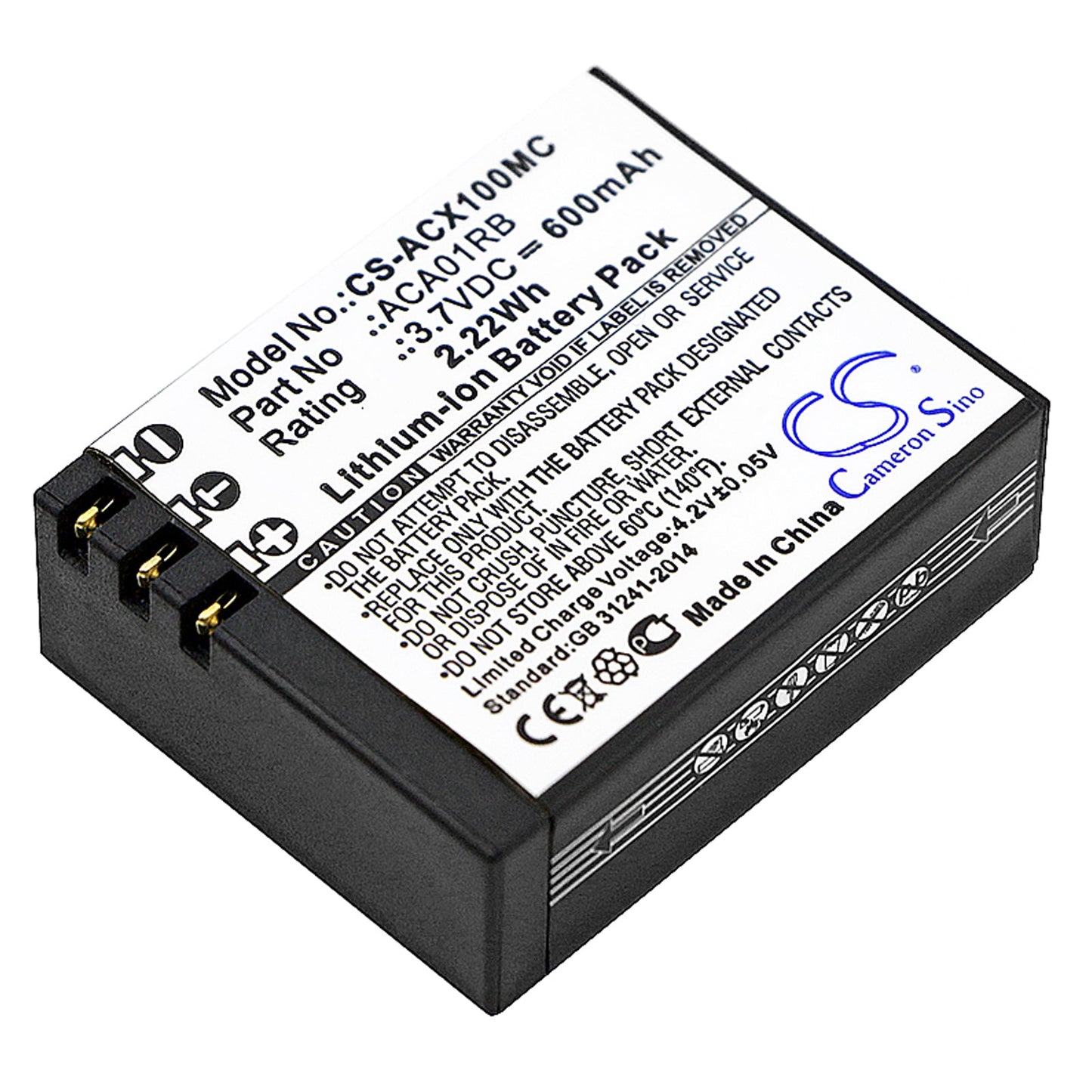 Replacement Battery for ACTIVEON  CX – Camera – 600mAh / 2.22Wh / 3.7V