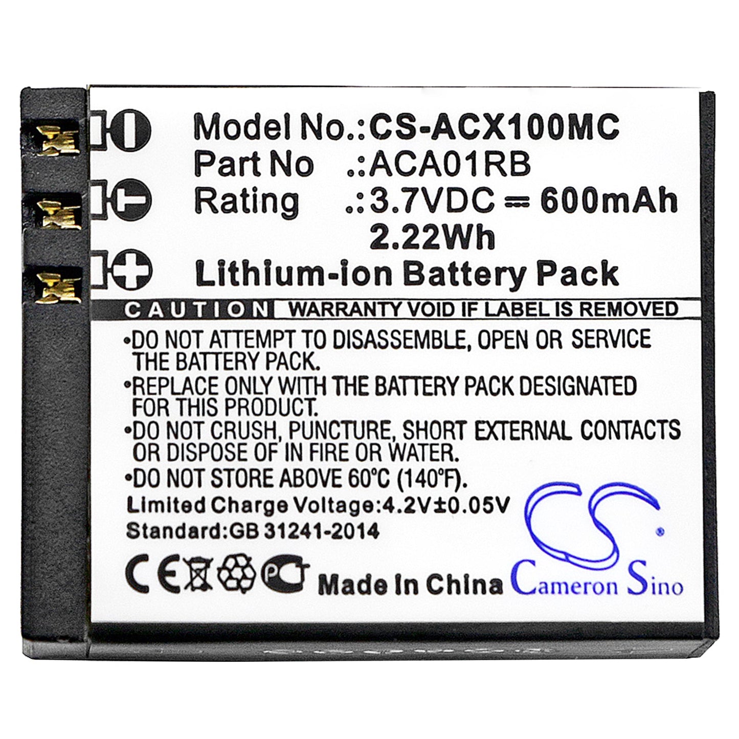 Replacement Battery for ACTIVEON  CX – Camera – 600mAh / 2.22Wh / 3.7V