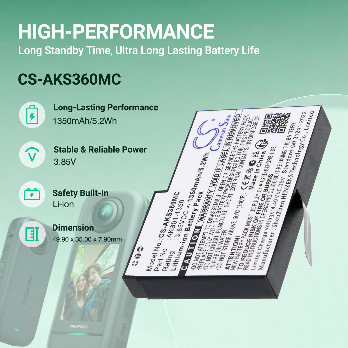 Replacement Battery for AKASO 360 Action Camera – Camera – 1350mAh / 3.85V