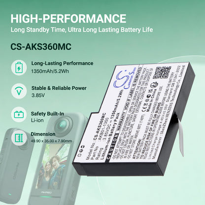 Replacement Battery for AKASO 360 Action Camera – Camera – 1350mAh / 3.85V