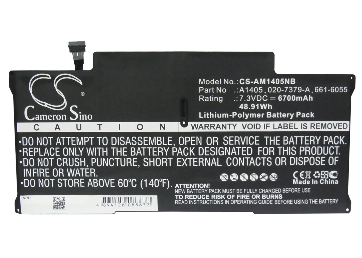 Replacement Battery for Apple  A1466 – Notebook, Laptop – 6700mAh / 48.91Wh / 7.3V