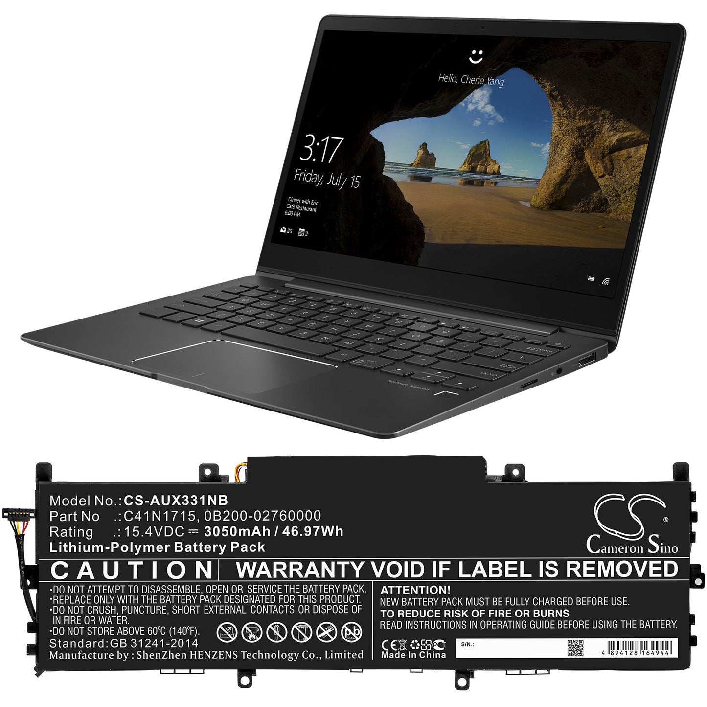 Replacement Battery for Asus  U3100FN – Notebook, Laptop – 3050mAh / 46.97Wh / 15.4V