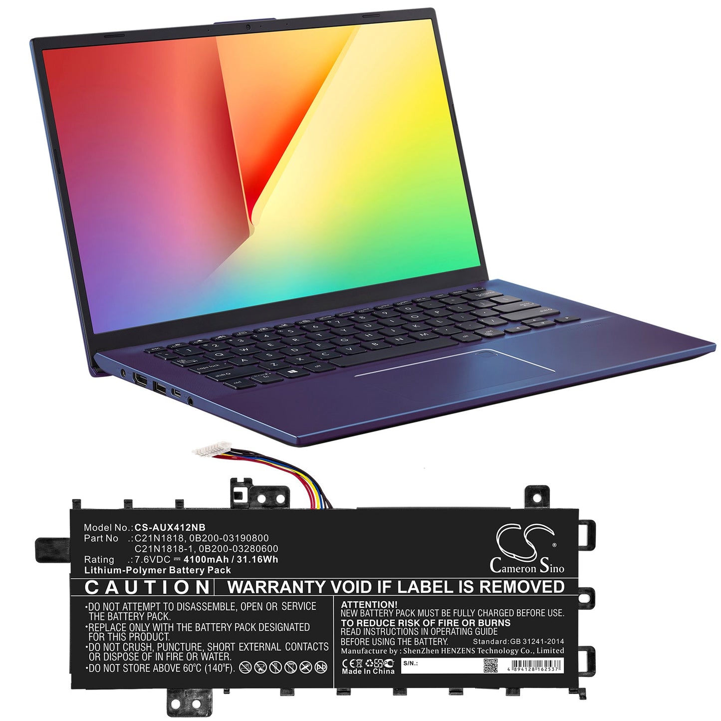 Replacement Battery for Asus  A412FA – Notebook, Laptop – 4100mAh / 31.16Wh / 7.6V
