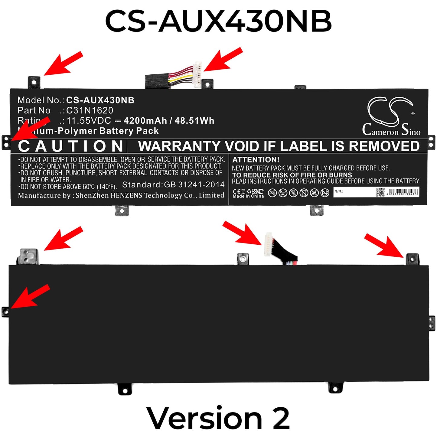 Replacement Battery for Asus  BX430 – Notebook, Laptop – 4200mAh / 48.51Wh / 11.55V