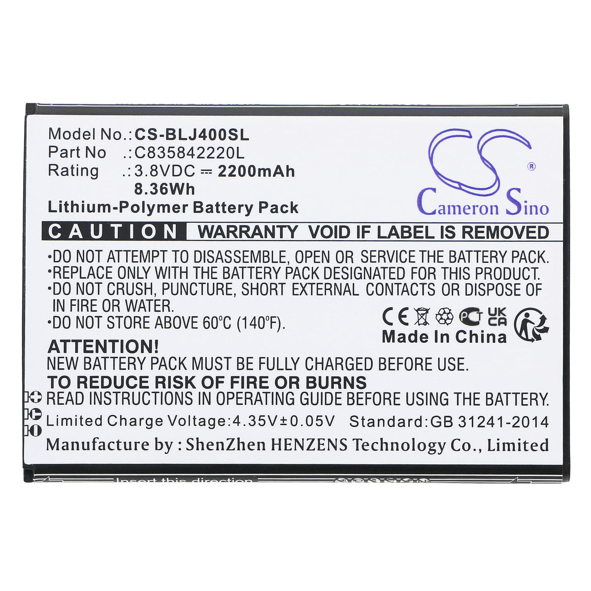 Replacement Battery for BLU J4 – Mobile, SmartPhone – 2200mAh / 3.8V