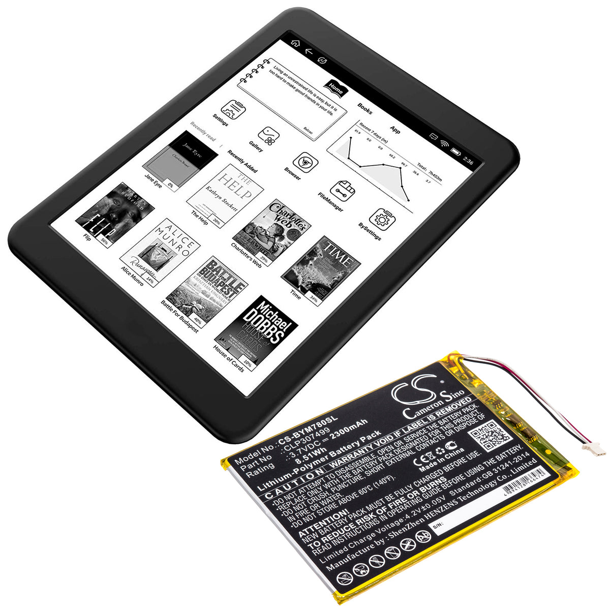 Replacement Battery for Boyue likebook Mars 7.8" – E-book, E-reader – 2300mAh / 3.7V