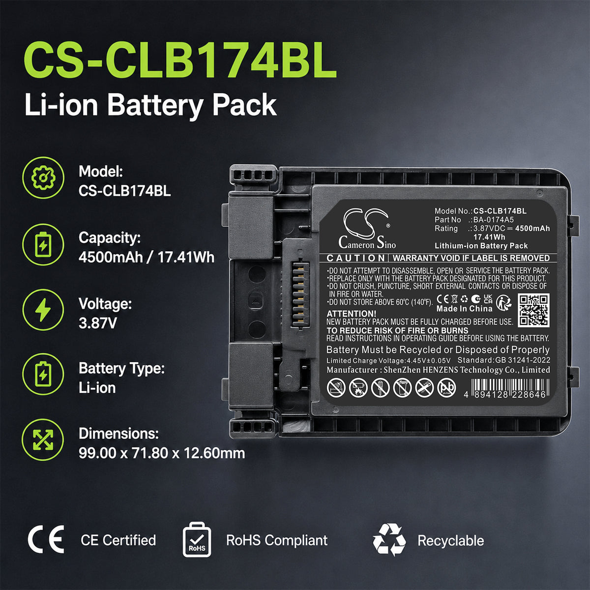 Replacement Battery for CipherLAB R25 – Barcode Scanner – 4500mAh / 3.87V