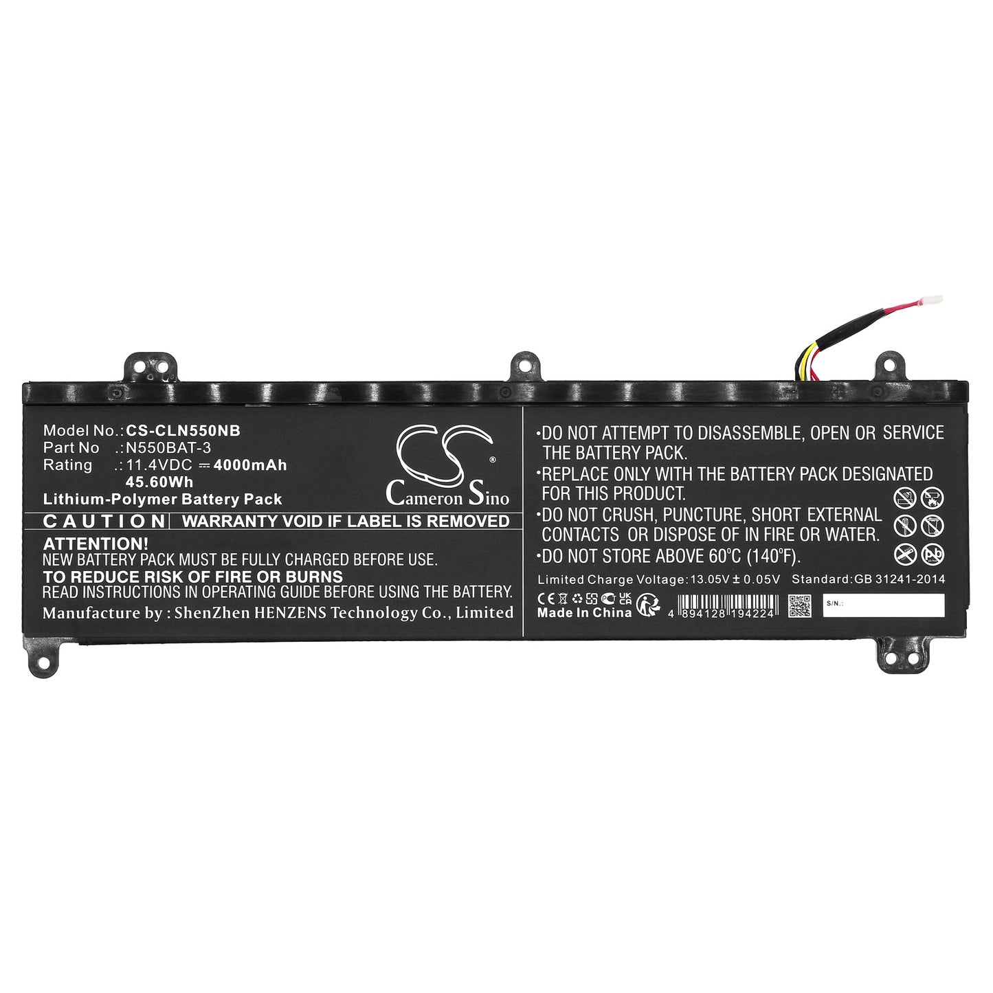 Replacement Battery for Clevo  N550RN – Notebook, Laptop – 4000mAh / 45.60Wh / 11.4V