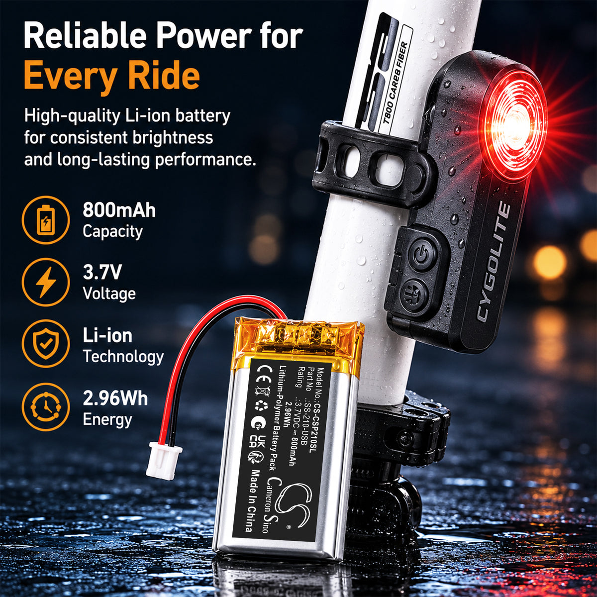 Replacement Battery for Cygolite Slingshot Pro 210 USB Taillight – Bicycles Flashlights – 800mAh / 3.7V