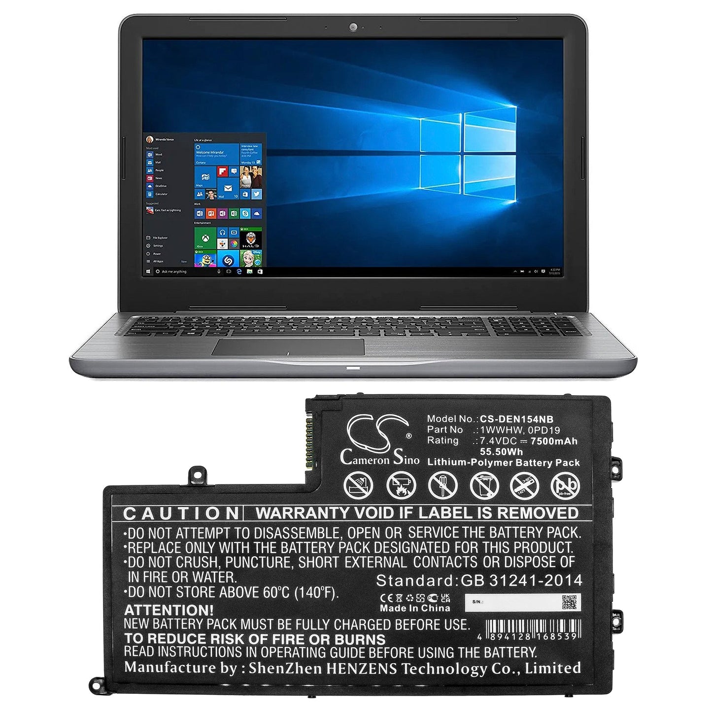 Replacement Battery for DELL  INS14MD-1328R – Notebook, Laptop – 7500mAh / 55.50Wh / 7.4V