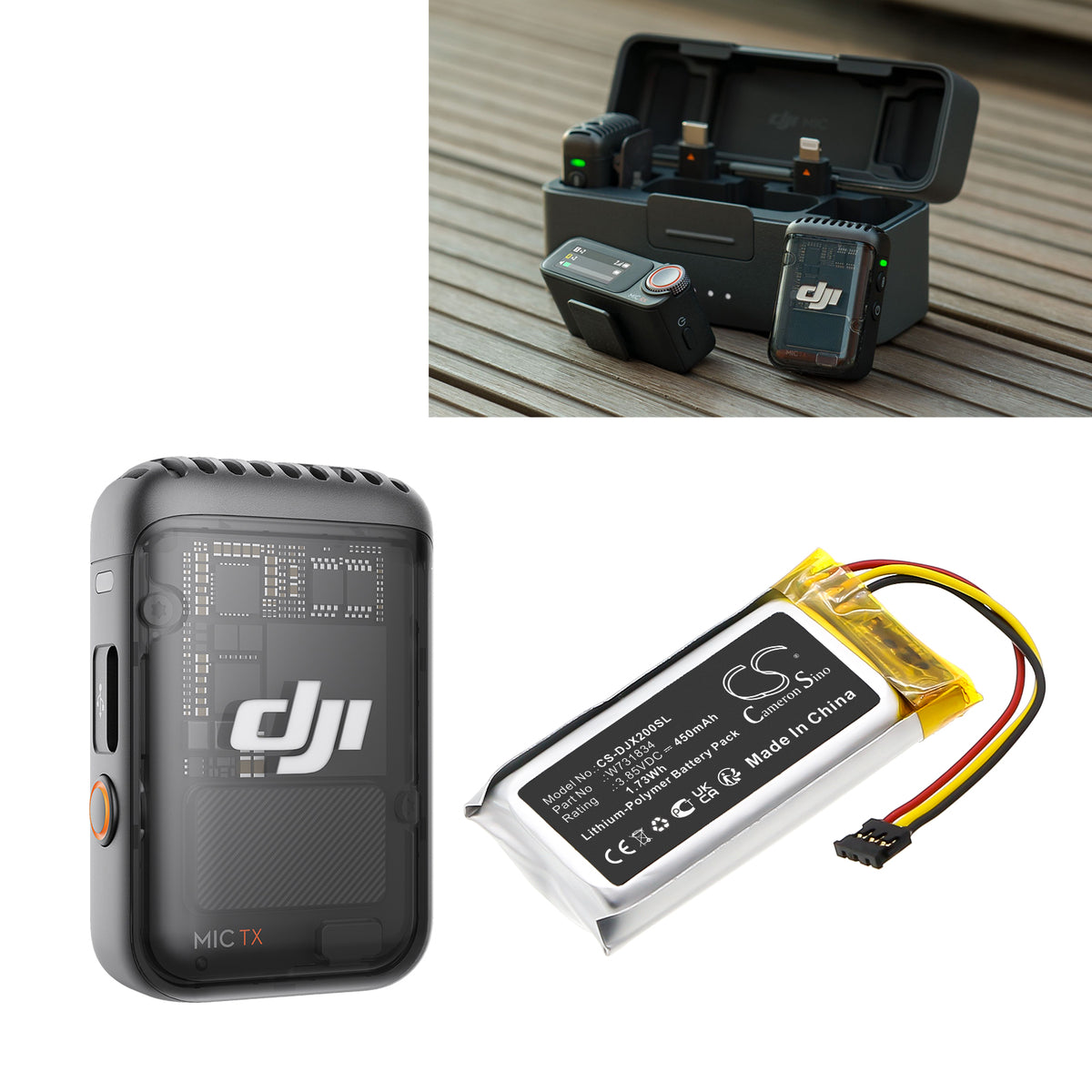 Replacement Battery for DJI MIC 2 Charging Case – Microphone – 450mAh / 3.85V