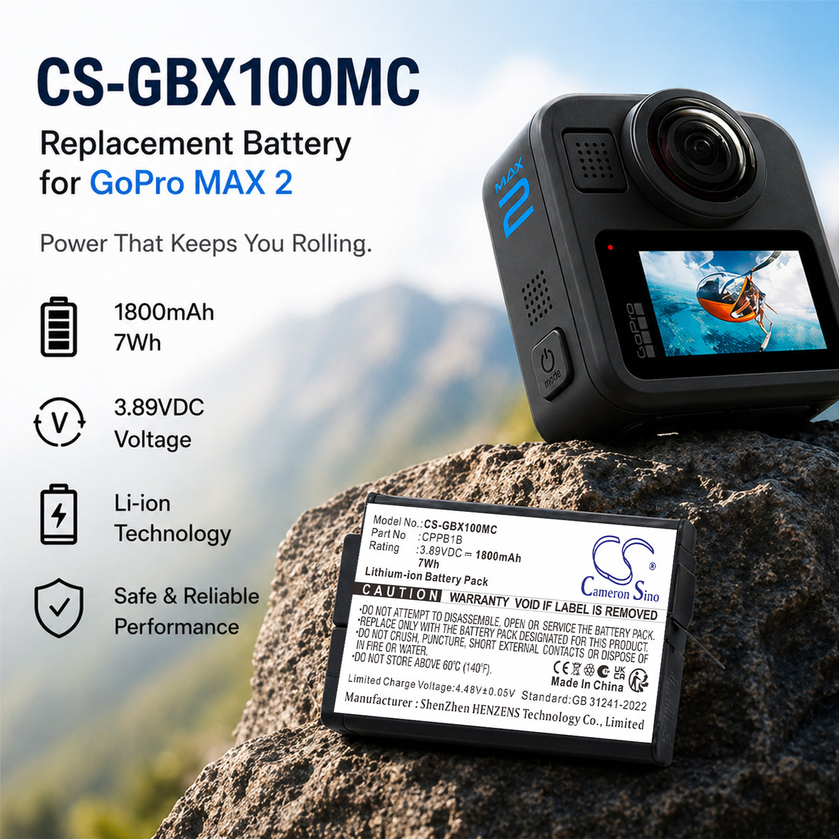 Replacement Battery for GoPro Max 2 – Camera – 1800mAh / 3.89V