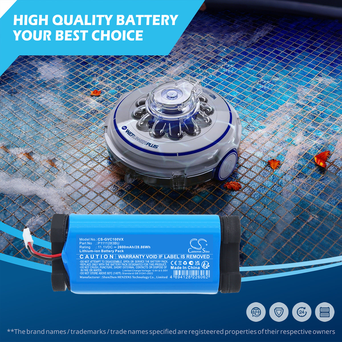 Replacement Battery for GRE Electric Vac VCB10 – Robotic Pool Cleaner – 2600mAh / 11.1V