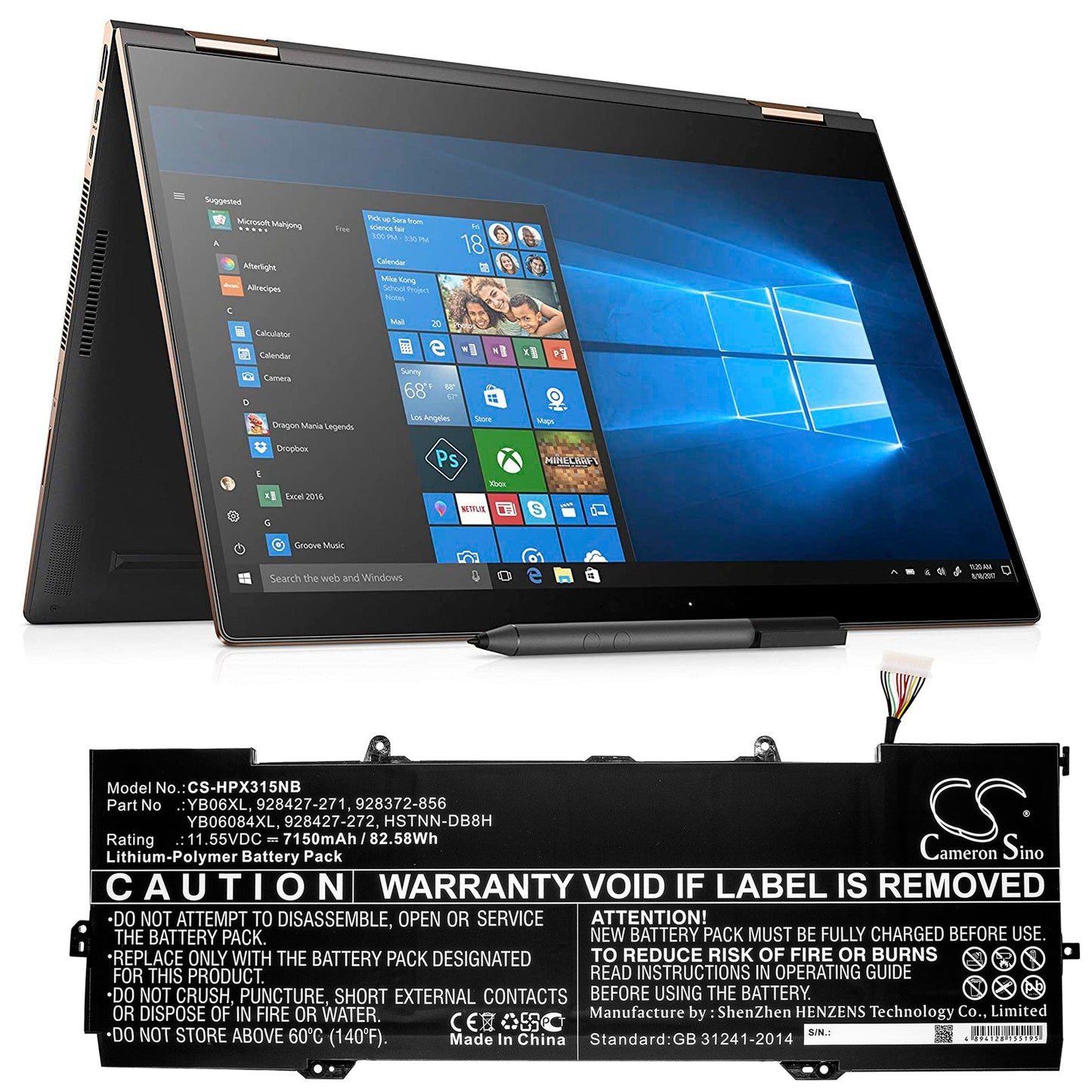 Replacement Battery for HP  Spectre X360 15-CH000NA – Notebook, Laptop – 7150mAh / 82.58Wh / 11.55V