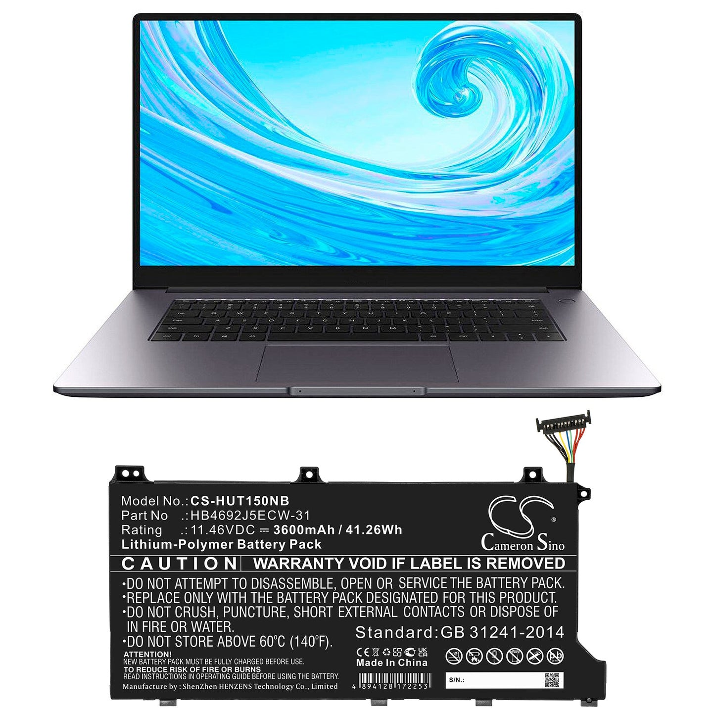Replacement Battery for Huawei  HLY-19R – Notebook, Laptop – 3600mAh / 41.26Wh / 11.46V