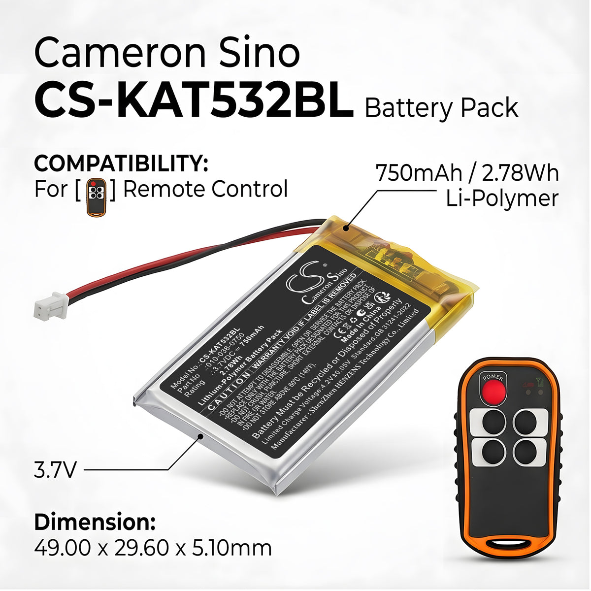 Replacement Battery for KAR-TECH 3A5322A 4 Button Control – Crane Remote Control – 750mAh / 3.7V