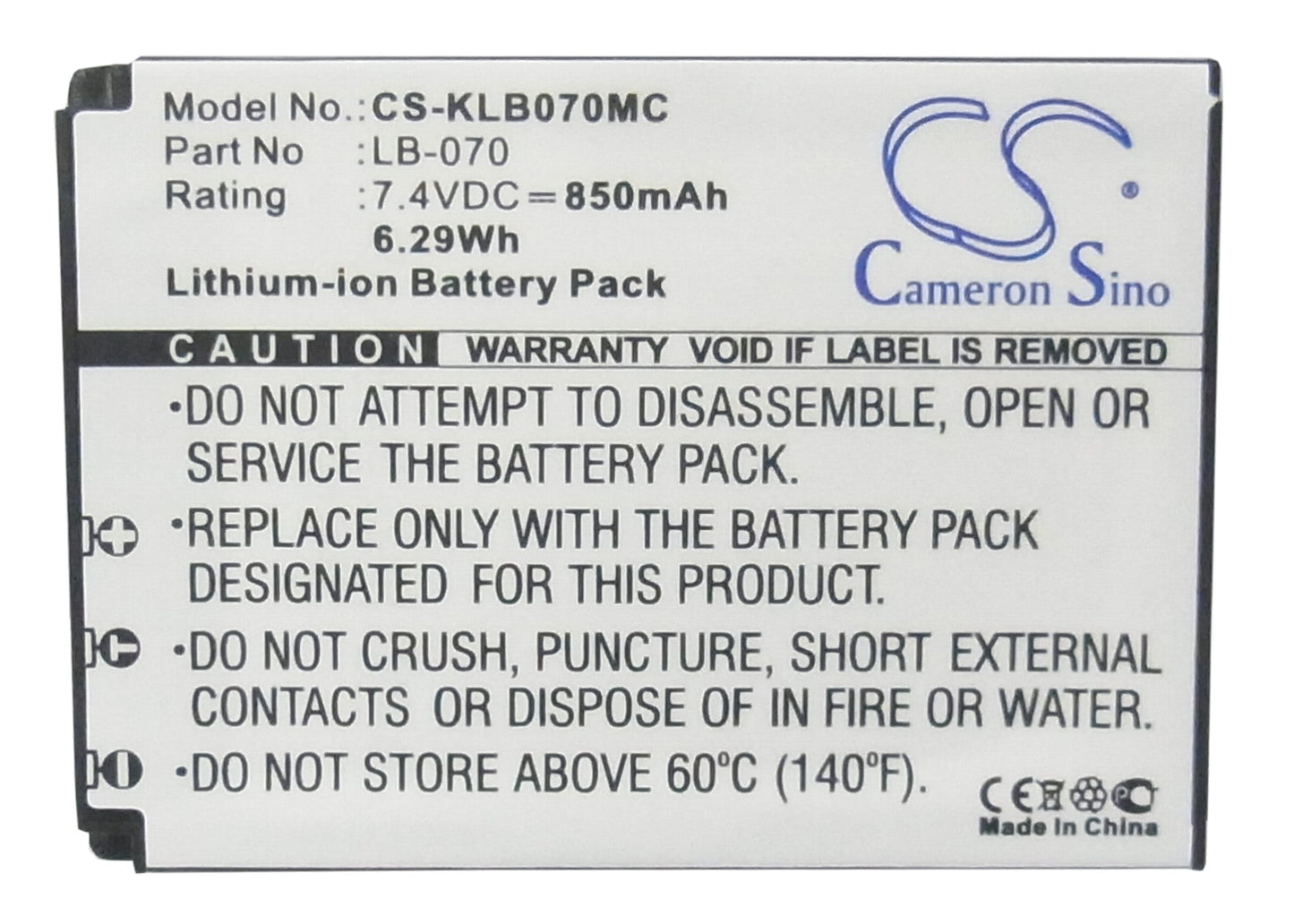 Replacement Battery for Kodak  Pixpro AZ651 – Camera – 850mAh / 6.29Wh / 7.4V