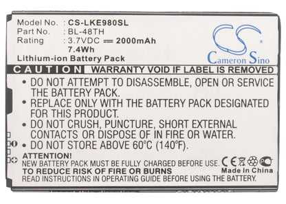 Replacement Battery for LG  E940 – Mobile, SmartPhone – 2000mAh/7.4Wh / 3.7V