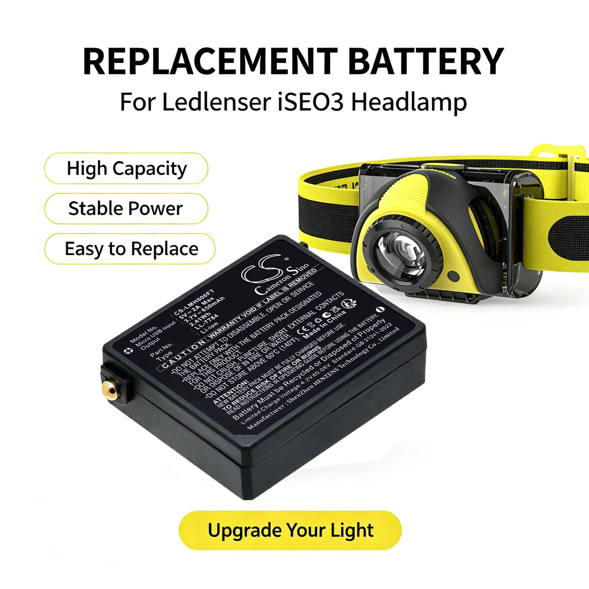 Replacement Battery for Ledlenser iSEO3 – Flashlight – 650mAh / 3.7V