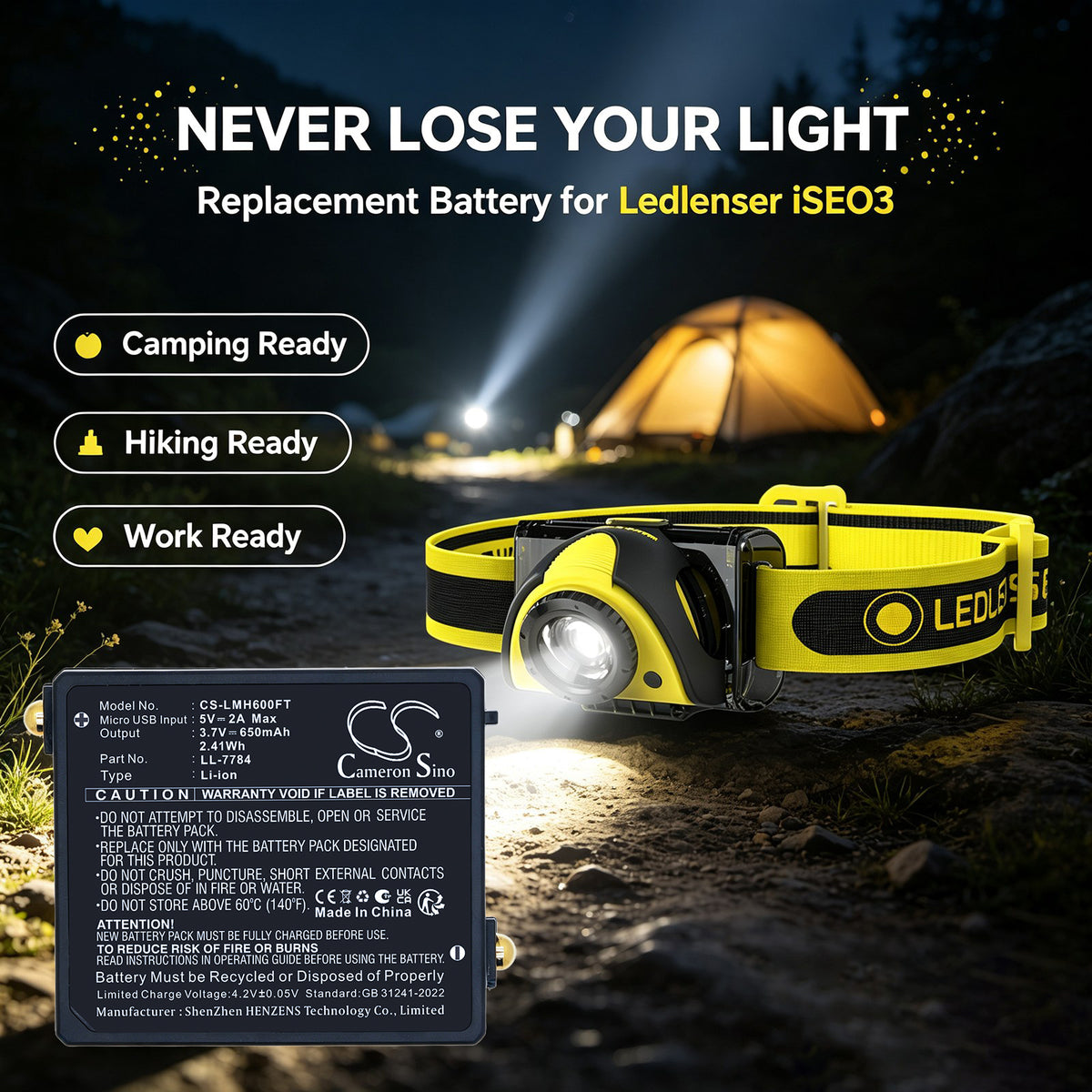 Replacement Battery for Ledlenser iSEO3 – Flashlight – 650mAh / 3.7V