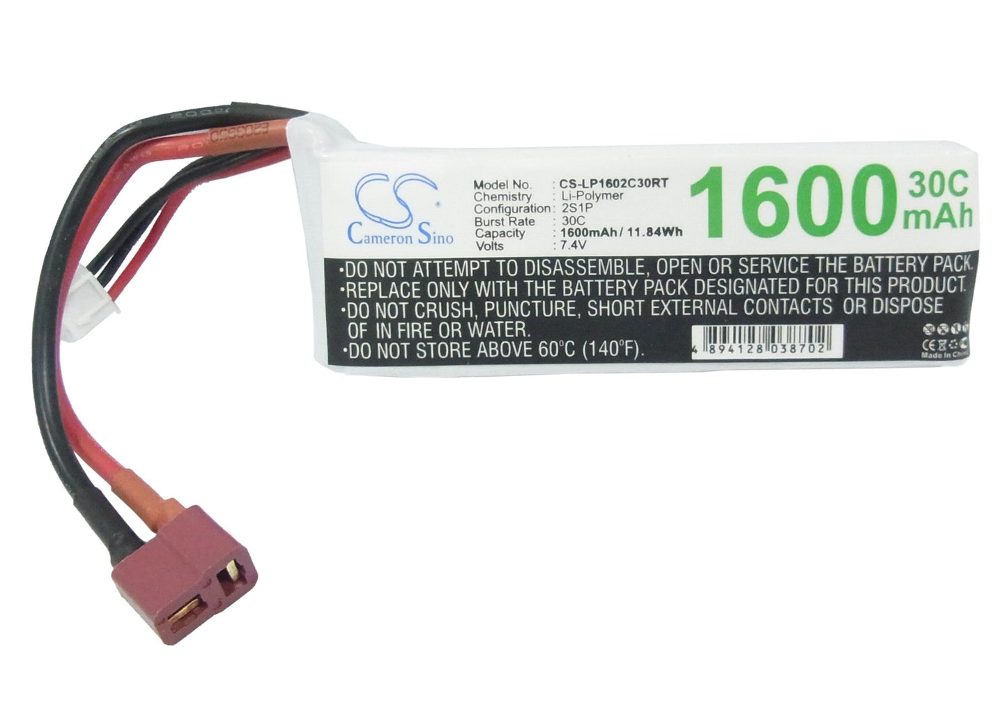 Replacement Battery for RC  CS-LP1602C30RT – Heli/Airplane – 1600mAh / 11.84Wh / 7.4V