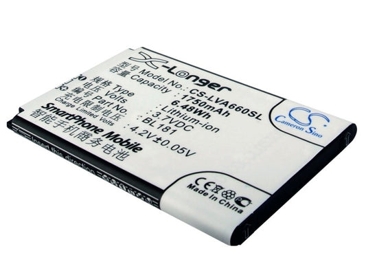 Replacement Battery for Lenovo A66T – Mobile, SmartPhone – 1750mAh / 3.7V
