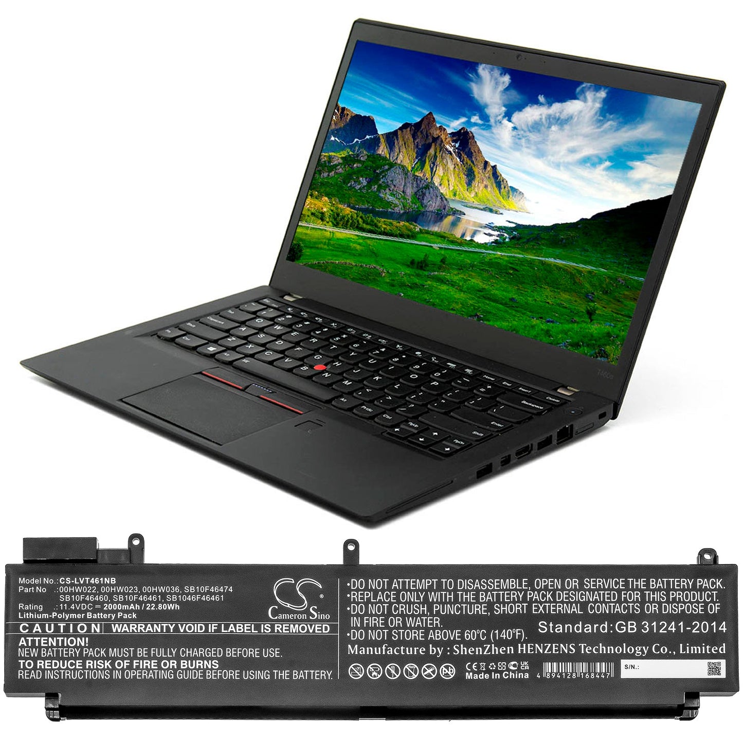 Replacement Battery for Lenovo  T460s-2MCD – Notebook, Laptop – 2000mAh / 22.80Wh / 11.4V