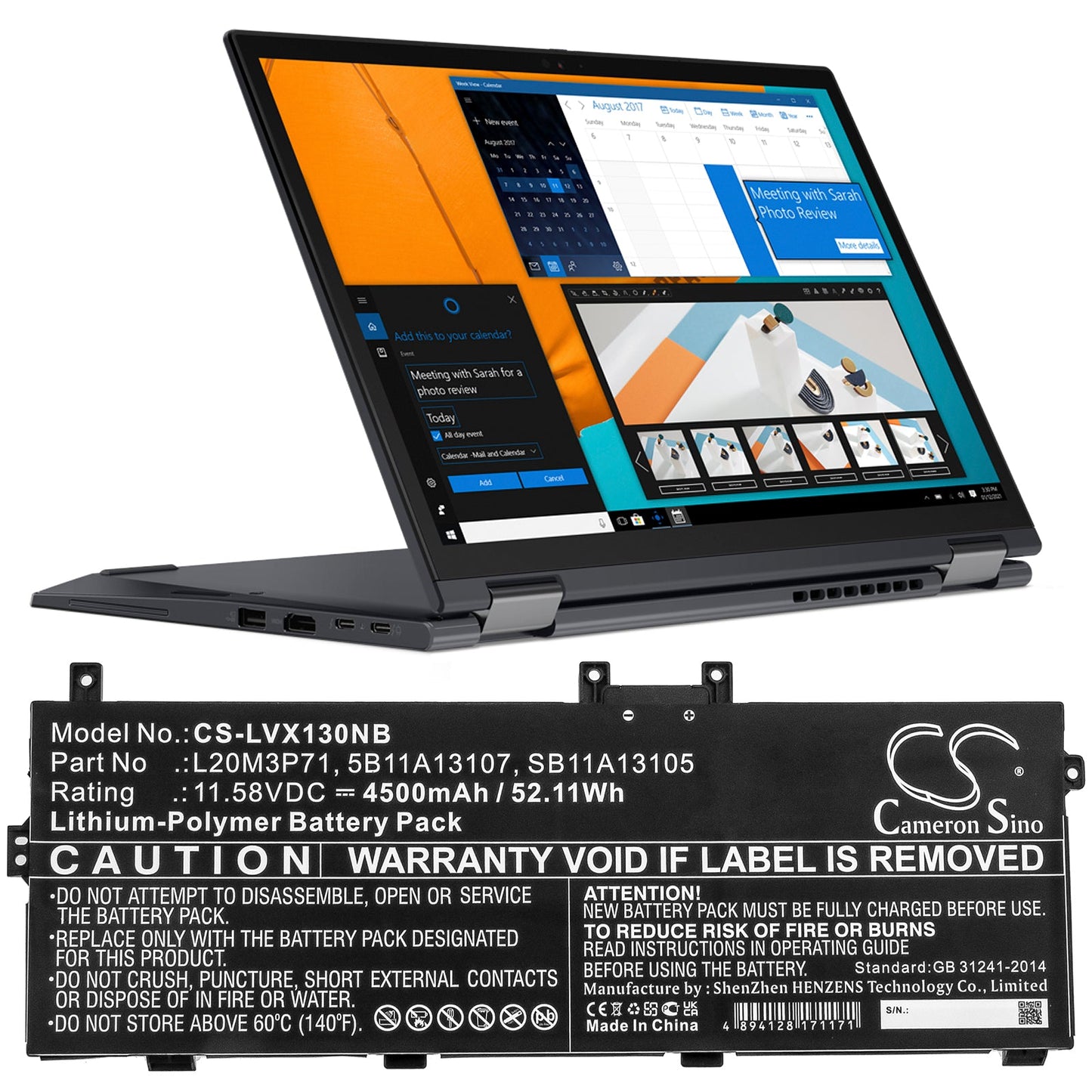 Replacement Battery for Lenovo  ThinkPad X13 Yoga G2 – Notebook, Laptop – 4500mAh / 52.11Wh / 11.58V