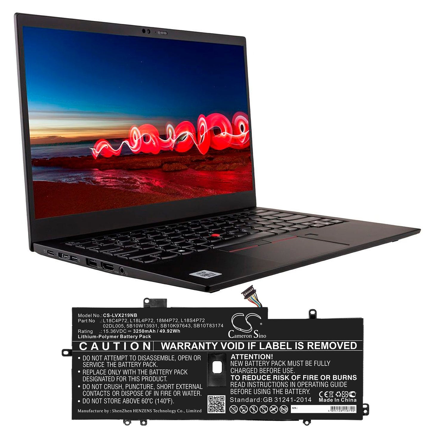 Replacement Battery for Lenovo  ThinkPad X1 Carbon 2019 – Notebook, Laptop – 3250mAh / 49.92Wh / 15.36V
