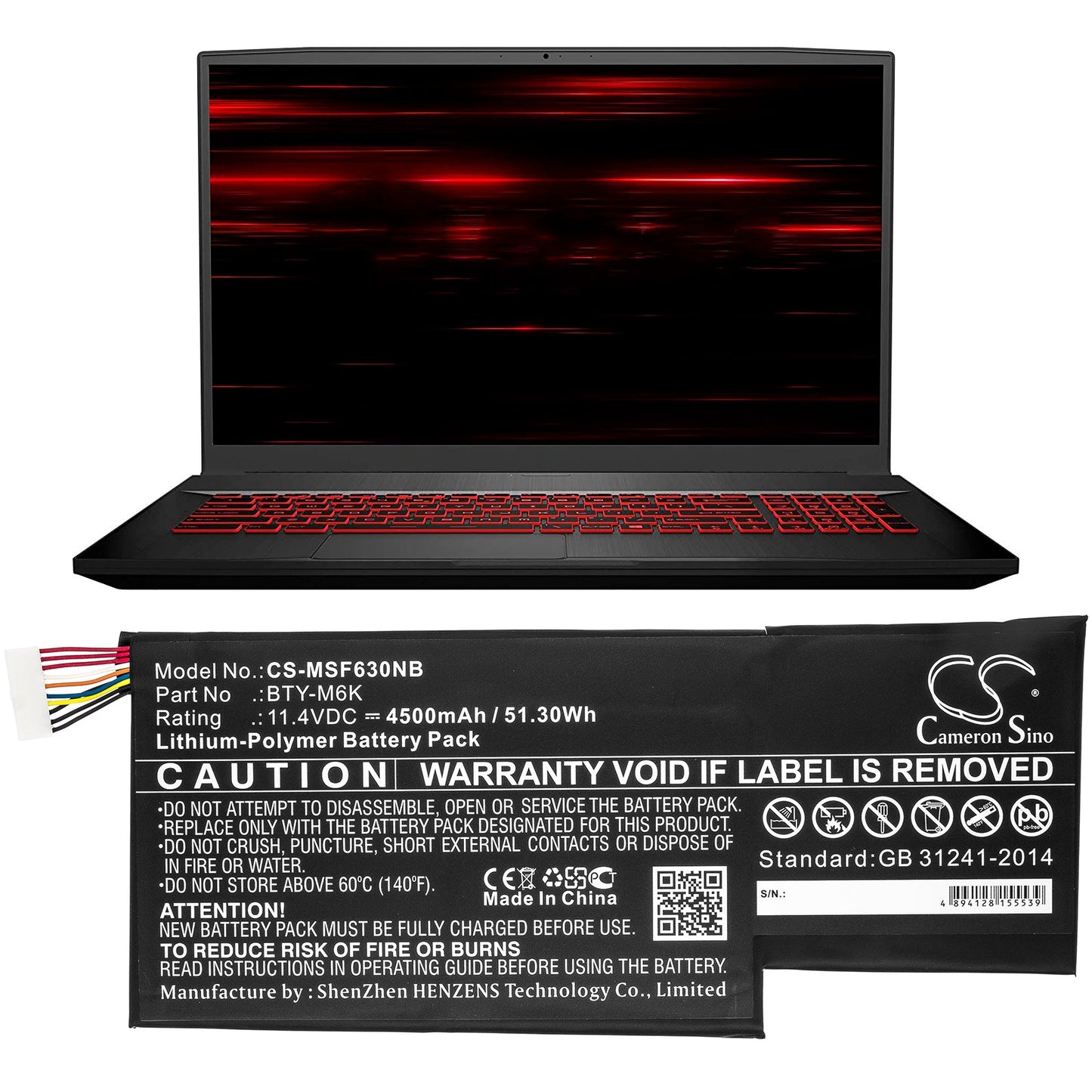 Replacement Battery for MSI  0017F1-002 – Notebook, Laptop – 4500mAh / 51.30Wh / 11.4V