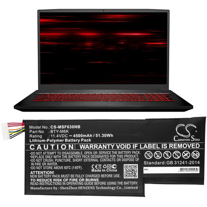 Replacement Battery for MSI  0017F1-002 – Notebook, Laptop – 4500mAh / 51.30Wh / 11.4V