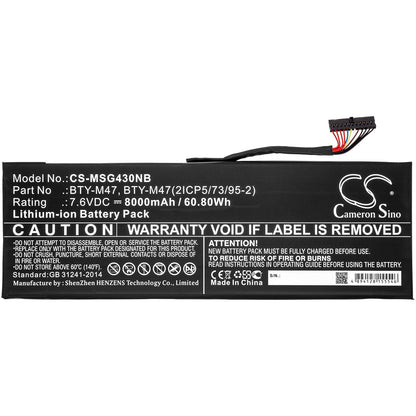 Replacement Battery for MSI  GS40 – Notebook, Laptop – 8000mAh / 60.80Wh / 7.6V