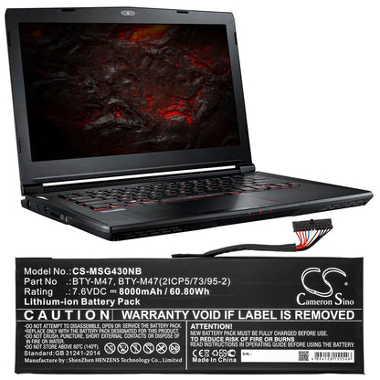 Replacement Battery for MSI  GS40 – Notebook, Laptop – 8000mAh / 60.80Wh / 7.6V