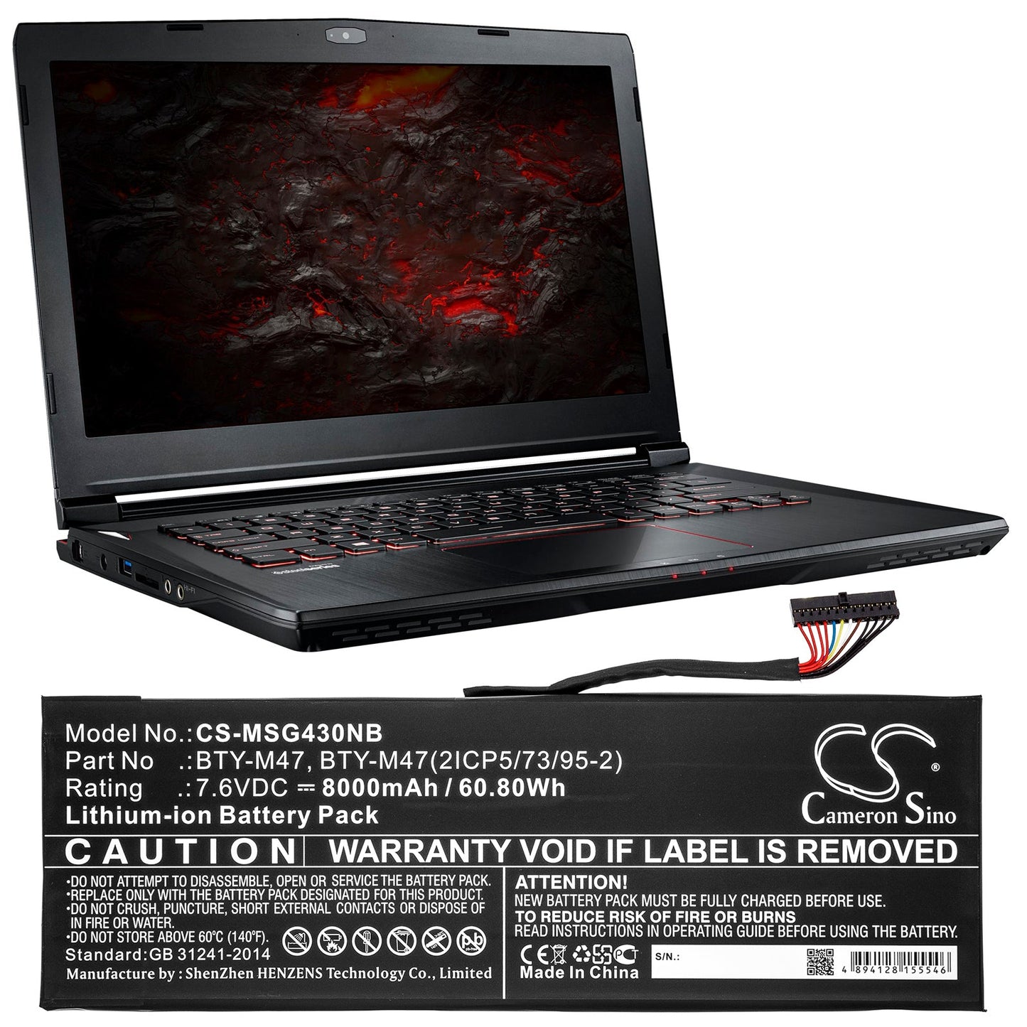 Replacement Battery for Terrans Force  FORCE S4 – Notebook, Laptop – 8000mAh / 60.80Wh / 7.6V