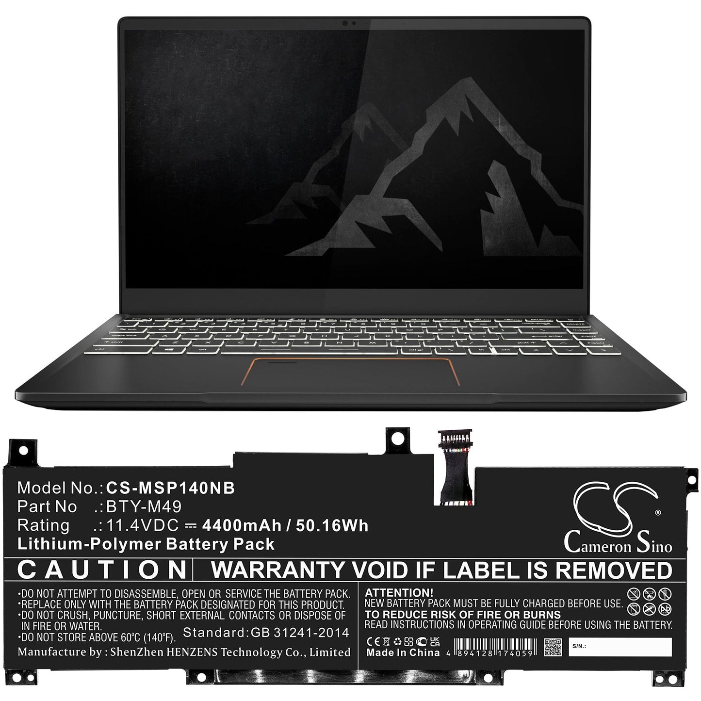 Replacement Battery for MSI  GSP14 – Notebook, Laptop – 4400mAh / 50.16Wh / 11.4V