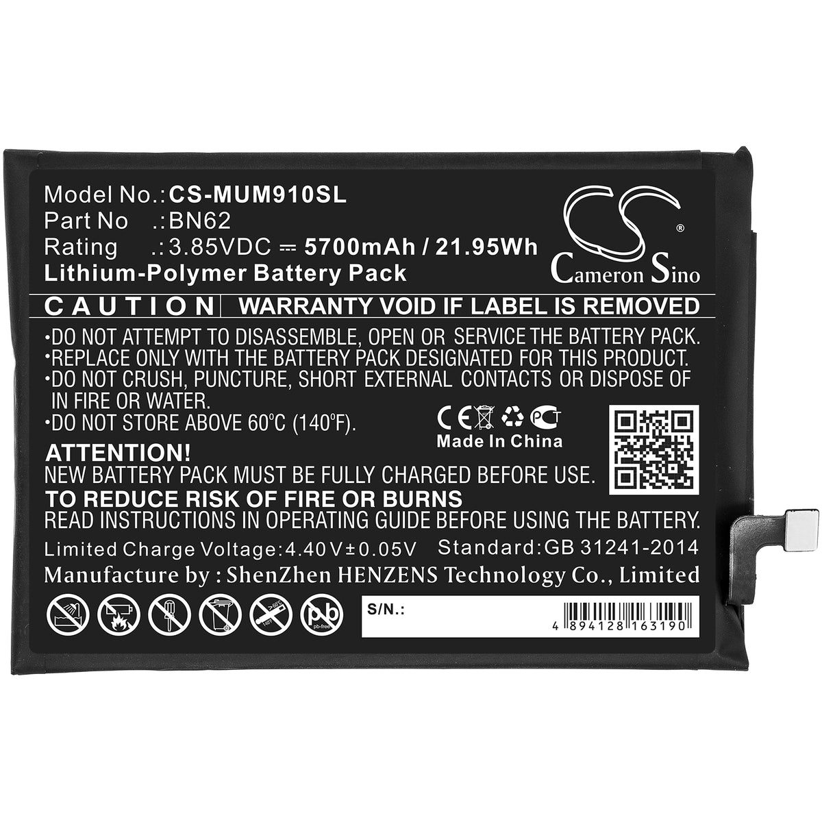 Replacement Battery for Redmi | Poco Note 9 4G – Mobile, SmartPhone – 5700mAh / 3.85V