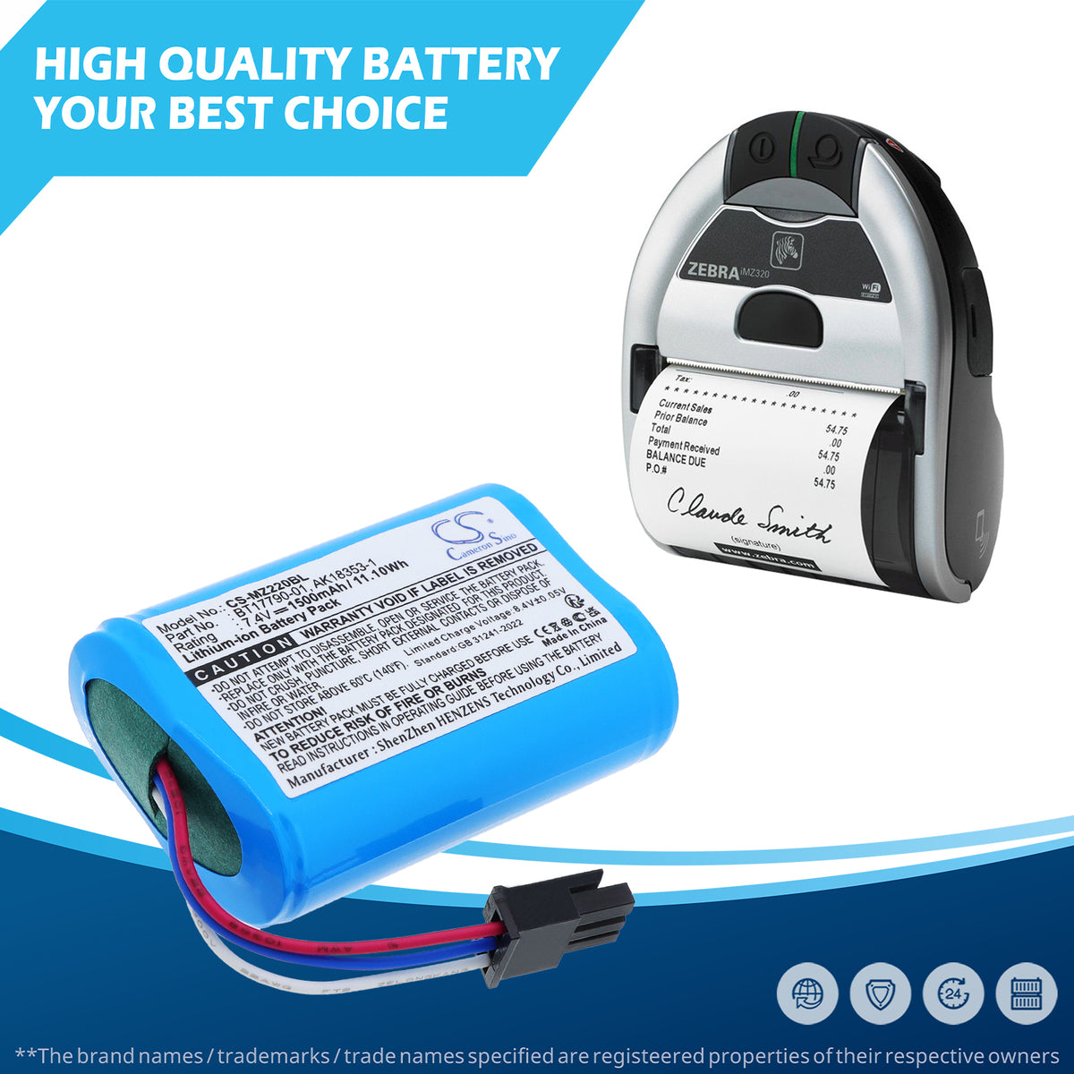 Replacement Battery for Zebra IMZ320 – Portable Printer – 1500mAh / 7.4V