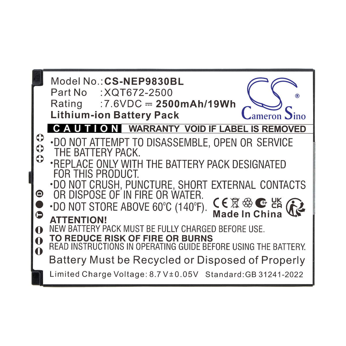 Replacement Battery for NEWPOS 9830 – Payment Terminal – 2500mAh / 7.6V