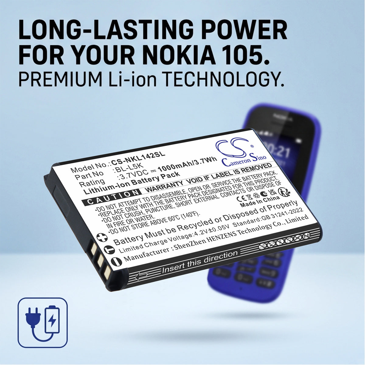 Replacement Battery for Nokia 105+ 2022 – Mobile, SmartPhone – 1000mAh / 3.7V