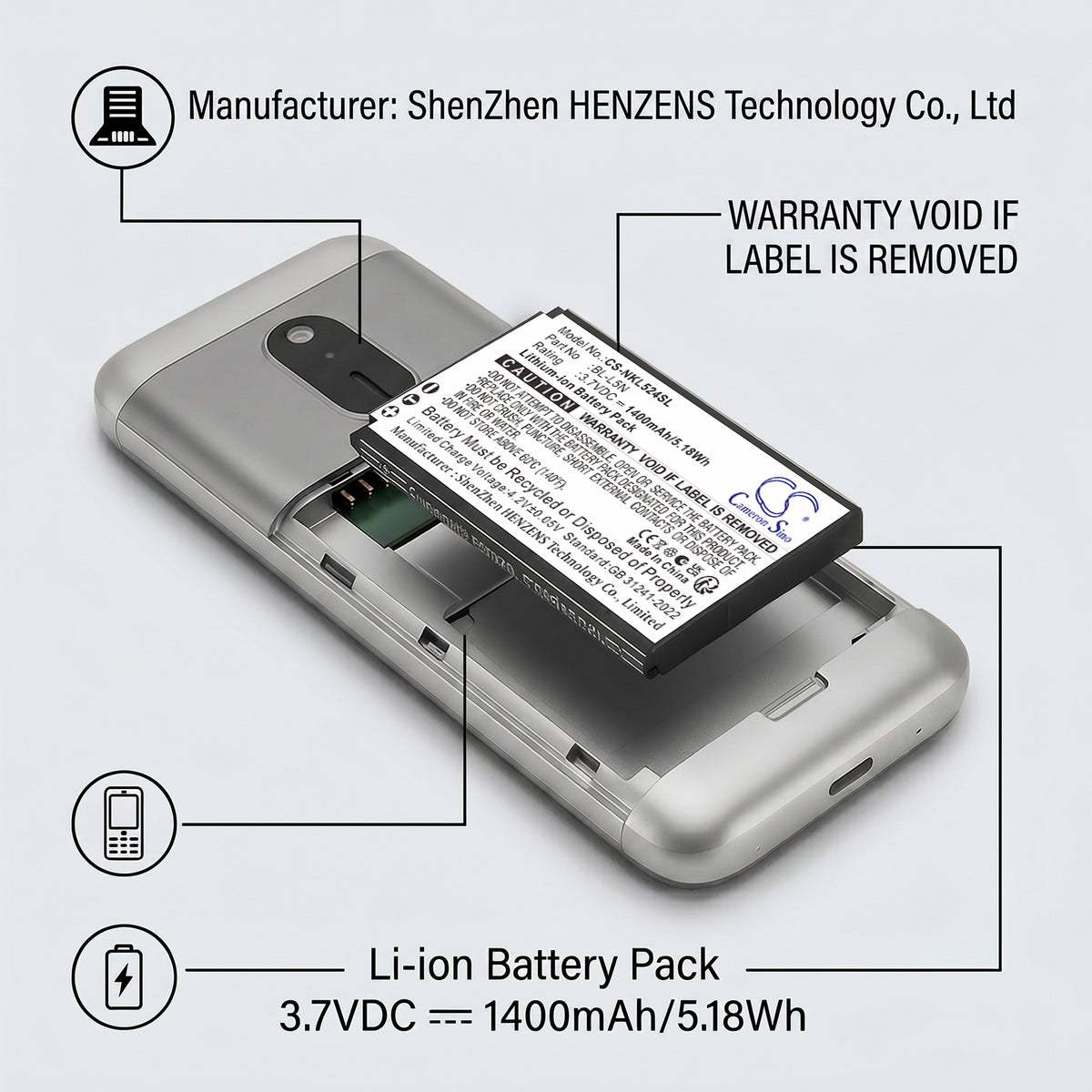 Replacement Battery for Nokia 230 2024 – Mobile, SmartPhone – 1400mAh / 3.7V