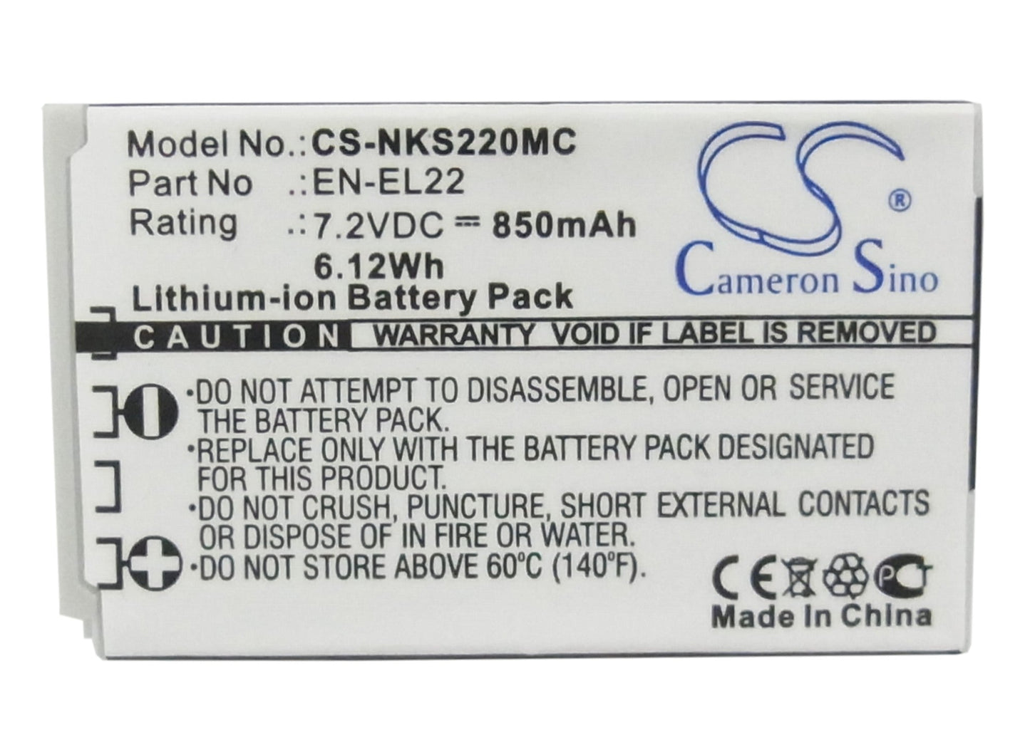 Replacement Battery for Nikon  1 J4 – Camera – 850mAh / 6.12Wh / 7.2V