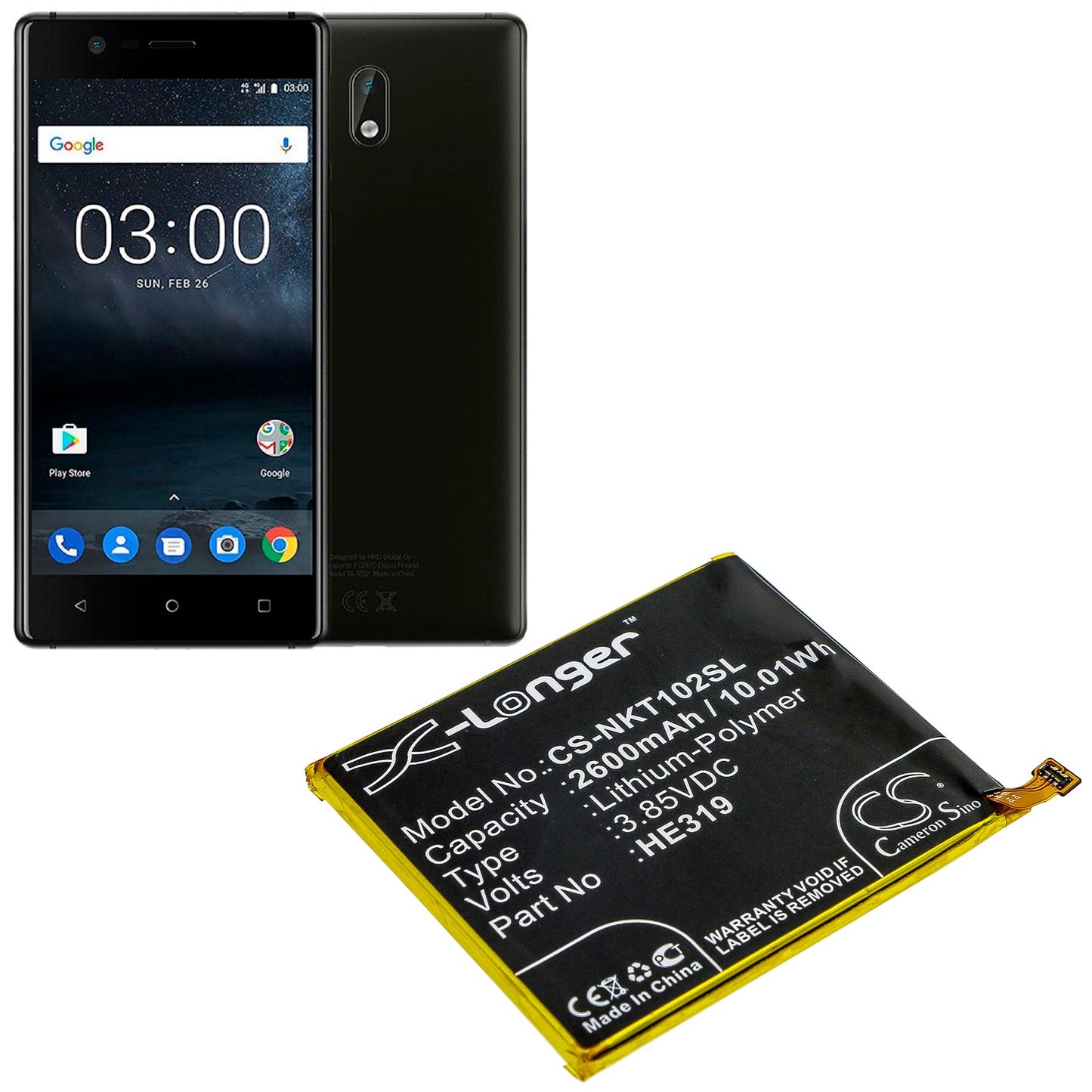 Replacement Battery for Nokia  Nokia 3 – Mobile, SmartPhone – 2600mAh / 10.01Wh / 3.85V