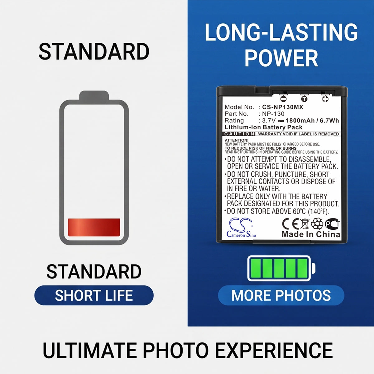 Replacement Battery for Casio Exilim EX-H30 – Camera – 1800mAh / 3.7V