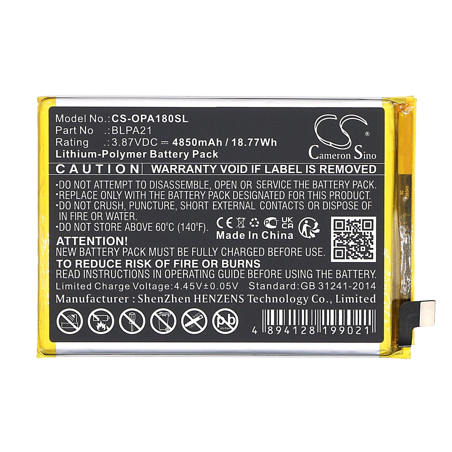 Replacement Battery for OPPO  A18 – Mobile, SmartPhone – 4850mAh / 18.77Wh / 3.87V
