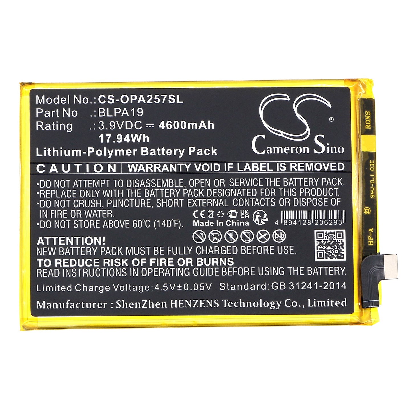 Replacement Battery for OPPO  A58 – Mobile, SmartPhone – 4600mAh / 17.94Wh / 3.9V