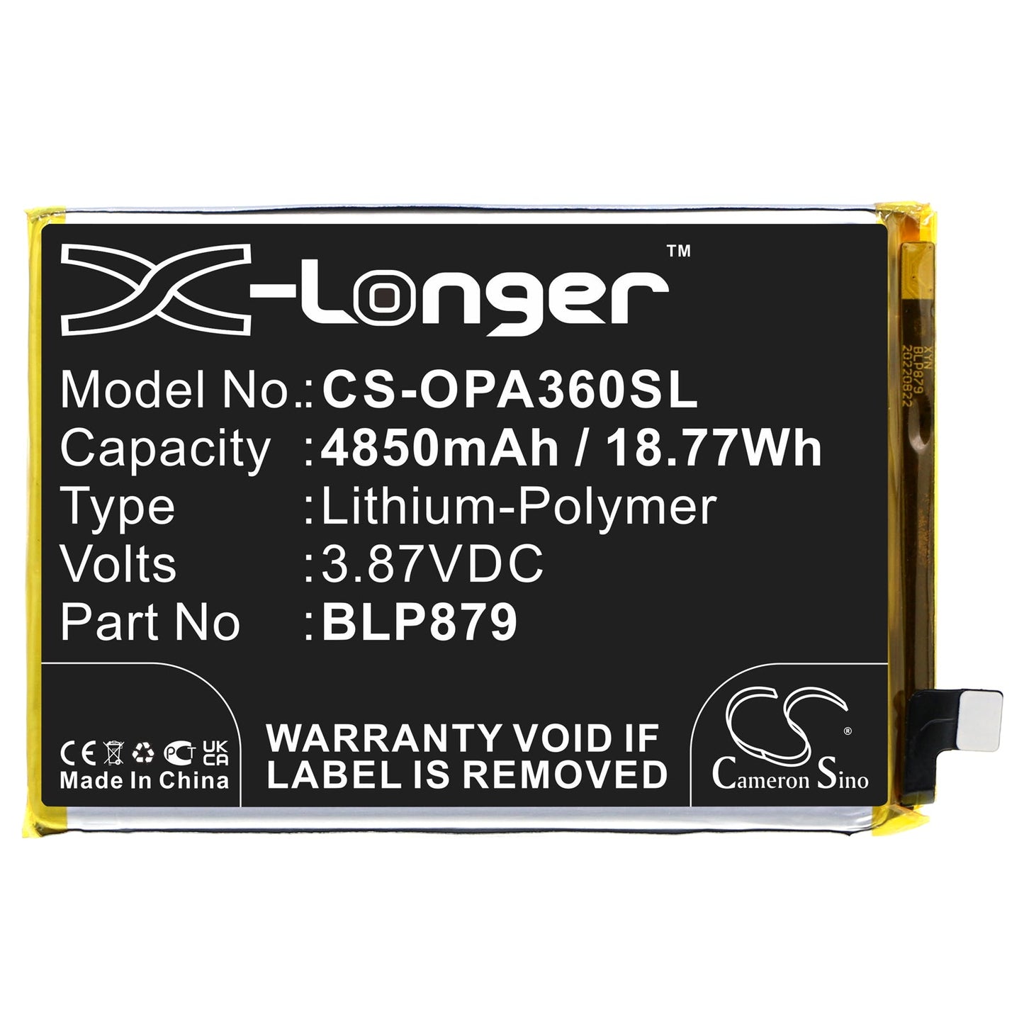 Replacement Battery for OPPO  A36 – Mobile, SmartPhone – 4850mAh / 18.77Wh / 3.87V