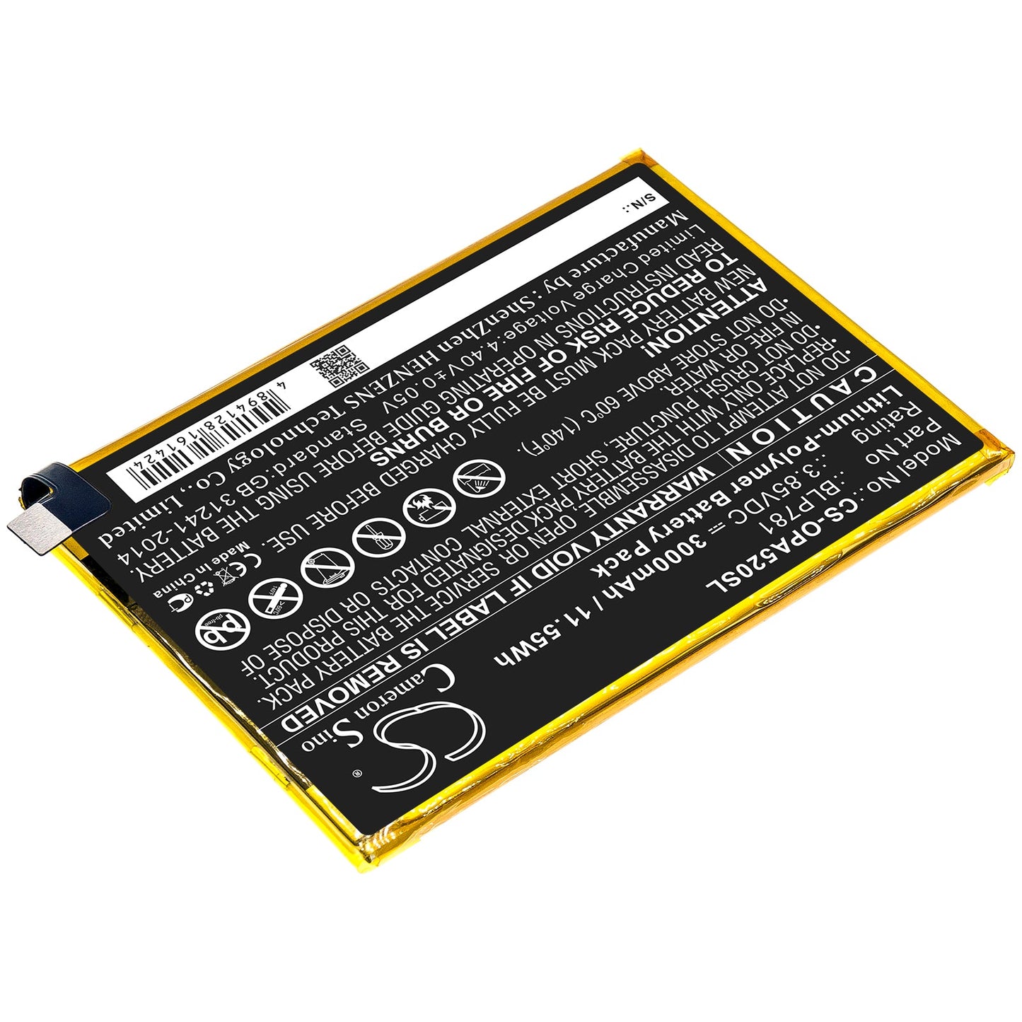 Replacement Battery for OPPO  A52 – Mobile, SmartPhone – 3000mAh / 11.55Wh / 3.85V